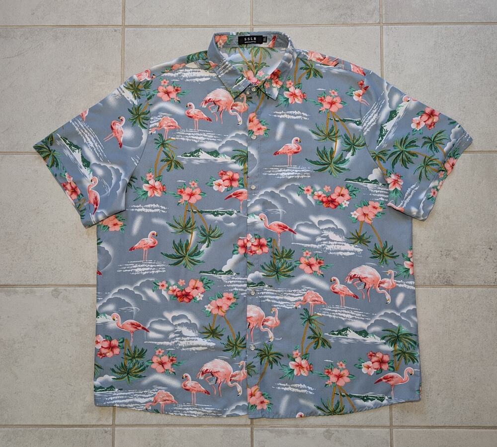 SSLR Men's XXXL Hawaiian Shirt Flamingos Button Down Aloha Blue Pink